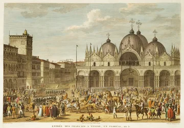 Der Einzug der Franzosen in Venedig und der Diebstahl der Pferde von San Marco, in Floreal, Jahr 5 (Mai 1797), graviert von Jean Duplessi-Bertaux (1747-1819)